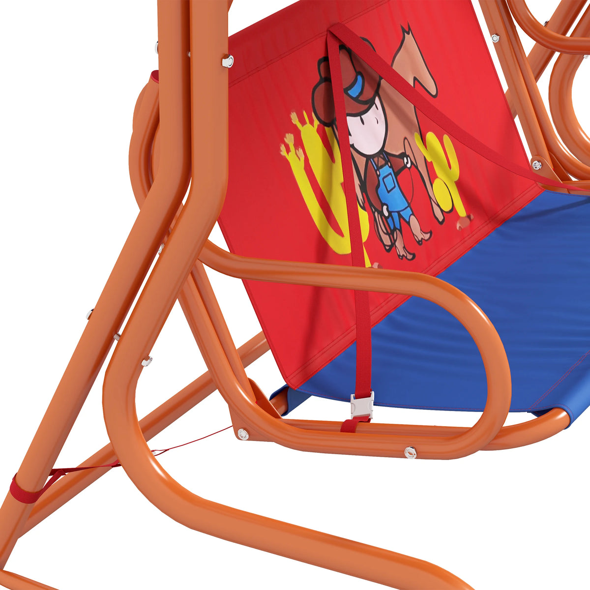 2 Seater Kids Swing Chair with Adjustable Canopy Seatbelts Cowboy Design Steel Frame Indoor Outdoor