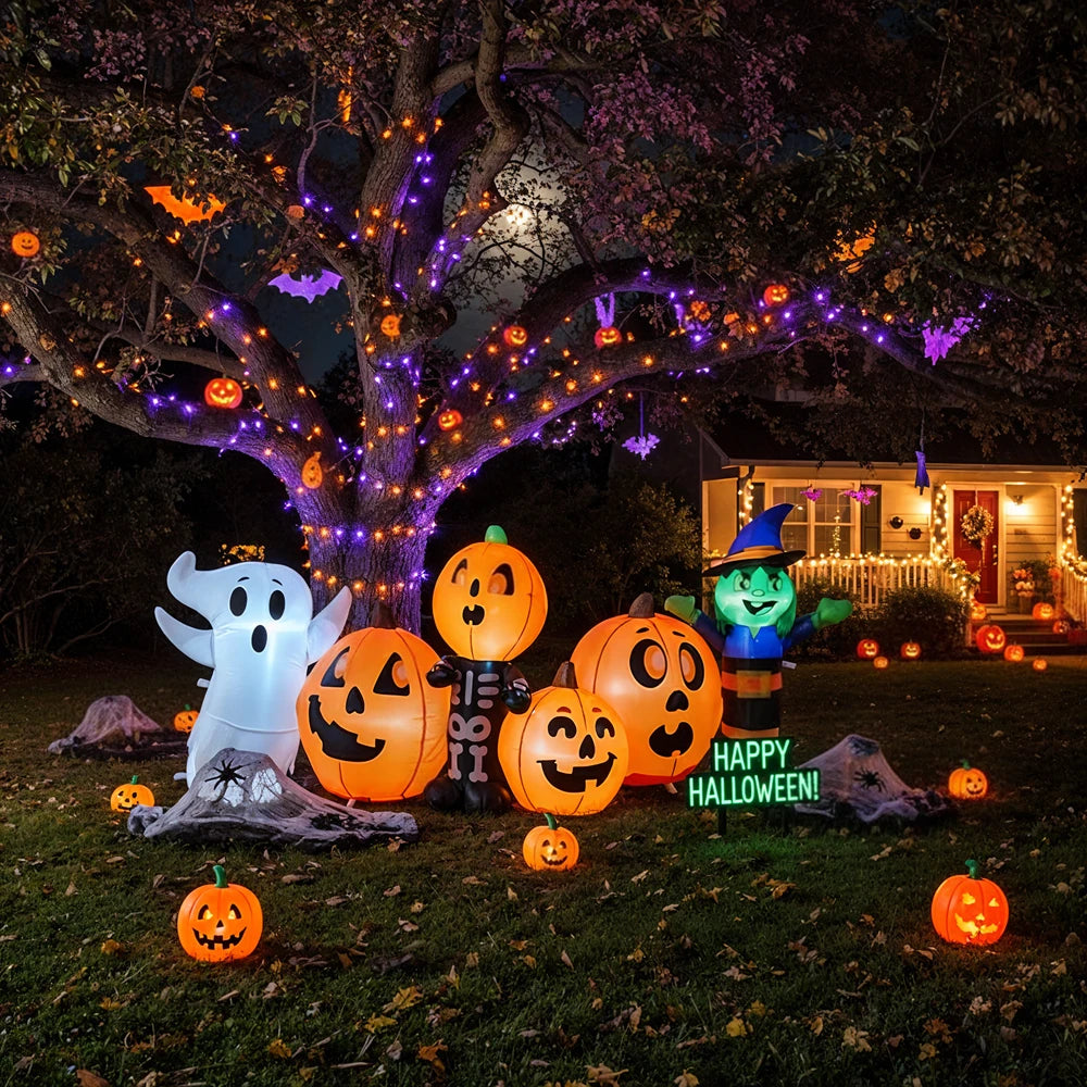 8ft Halloween Inflatable Pumpkin, Witch and Ghost Decoration with LED Lights
