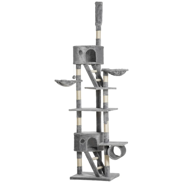 Floor to Ceiling Cat Tree 240-260cm Adjustable Height Light Grey Multi-Level for Indoor Cats