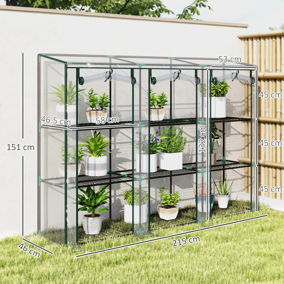 3-Tier Lean-to Mini Greenhouse with Clear Cover and 3 Roll-Up Doors