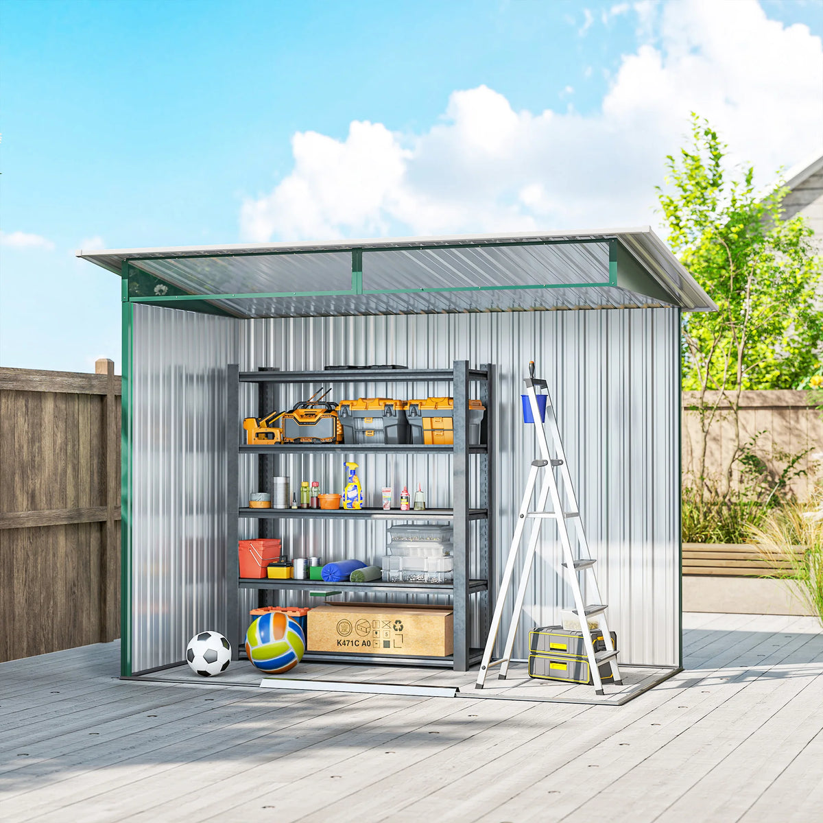 8.5 x 4.4ft Metal Garden Shed with Sliding Lockable Doors and Vents, Green