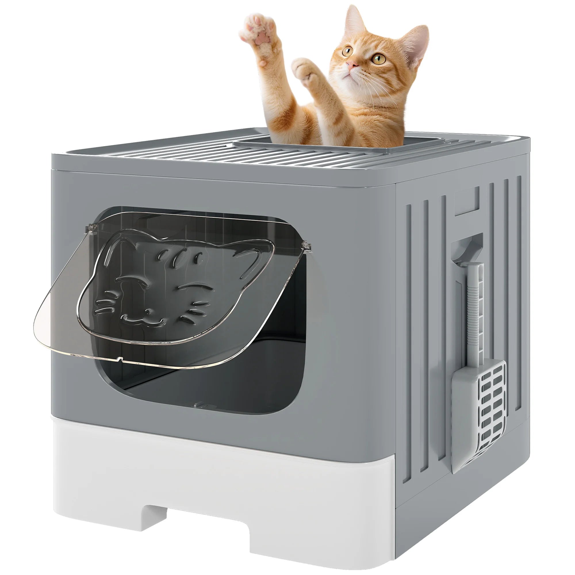 Foldable Hooded Cat Litter Box with Slide-Out Drawer Top Exit Grated Lid and Odour Control for Cats up to 5kg