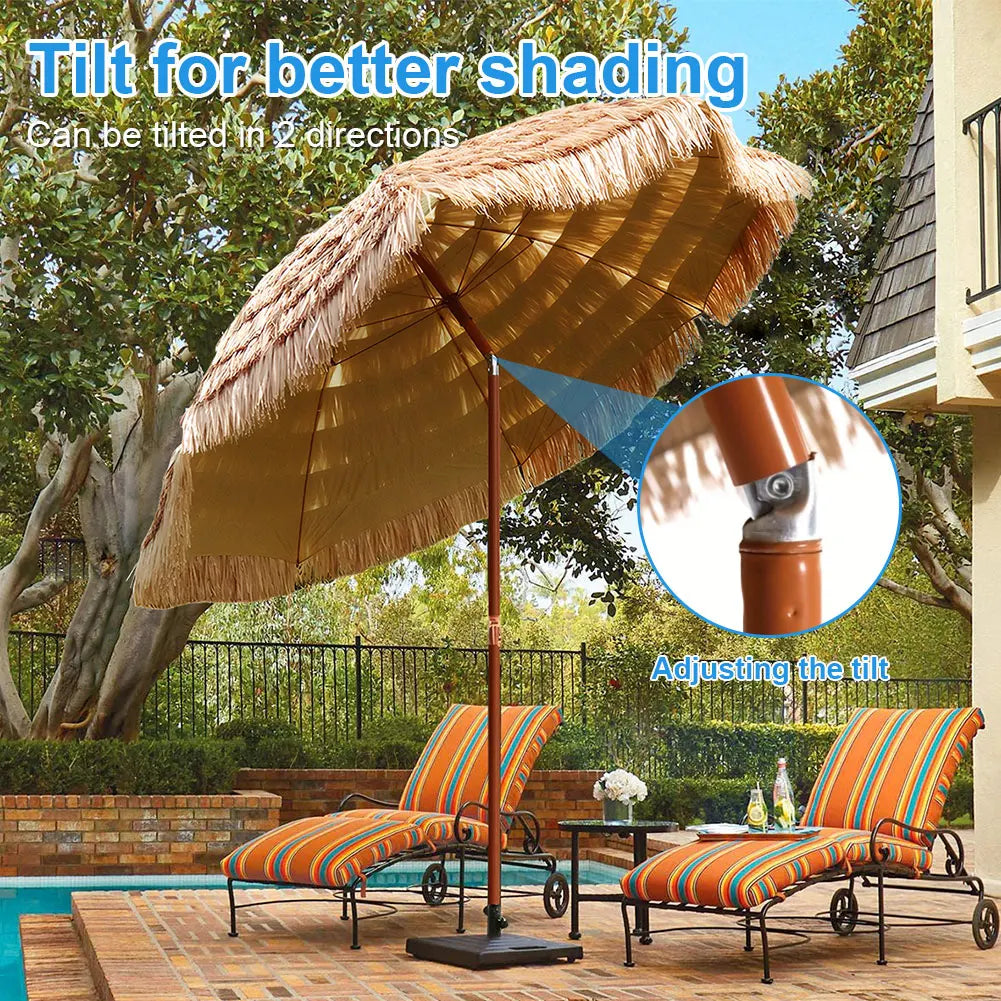Thatched Tiki Beach Umbrella, 1.6m Height-Adjustable Garden Parasol with 8 Ribs