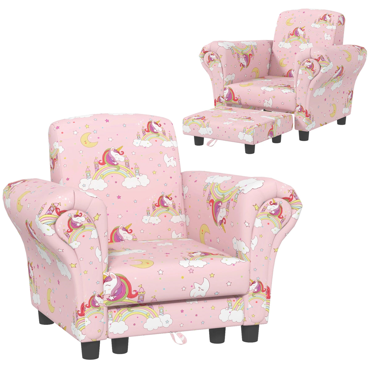 2 Piece Kids Sofa Set Armchair with Tuck Away Stool Dinosaur Print Wooden Frame for Ages 1.5-3 Years