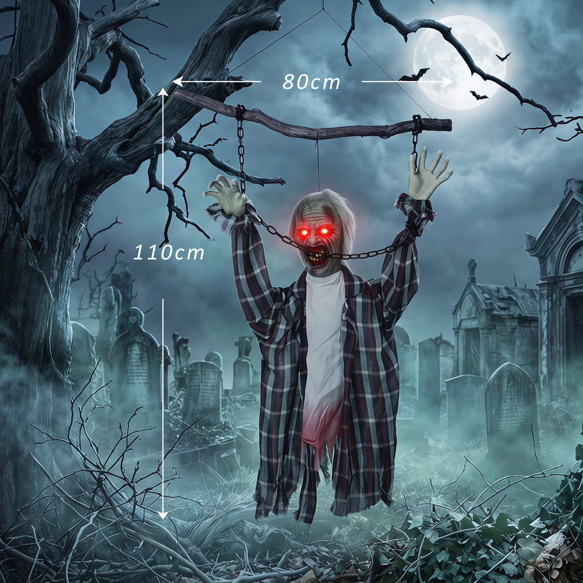 Flashing red LED eyes on a hanging zombie decoration