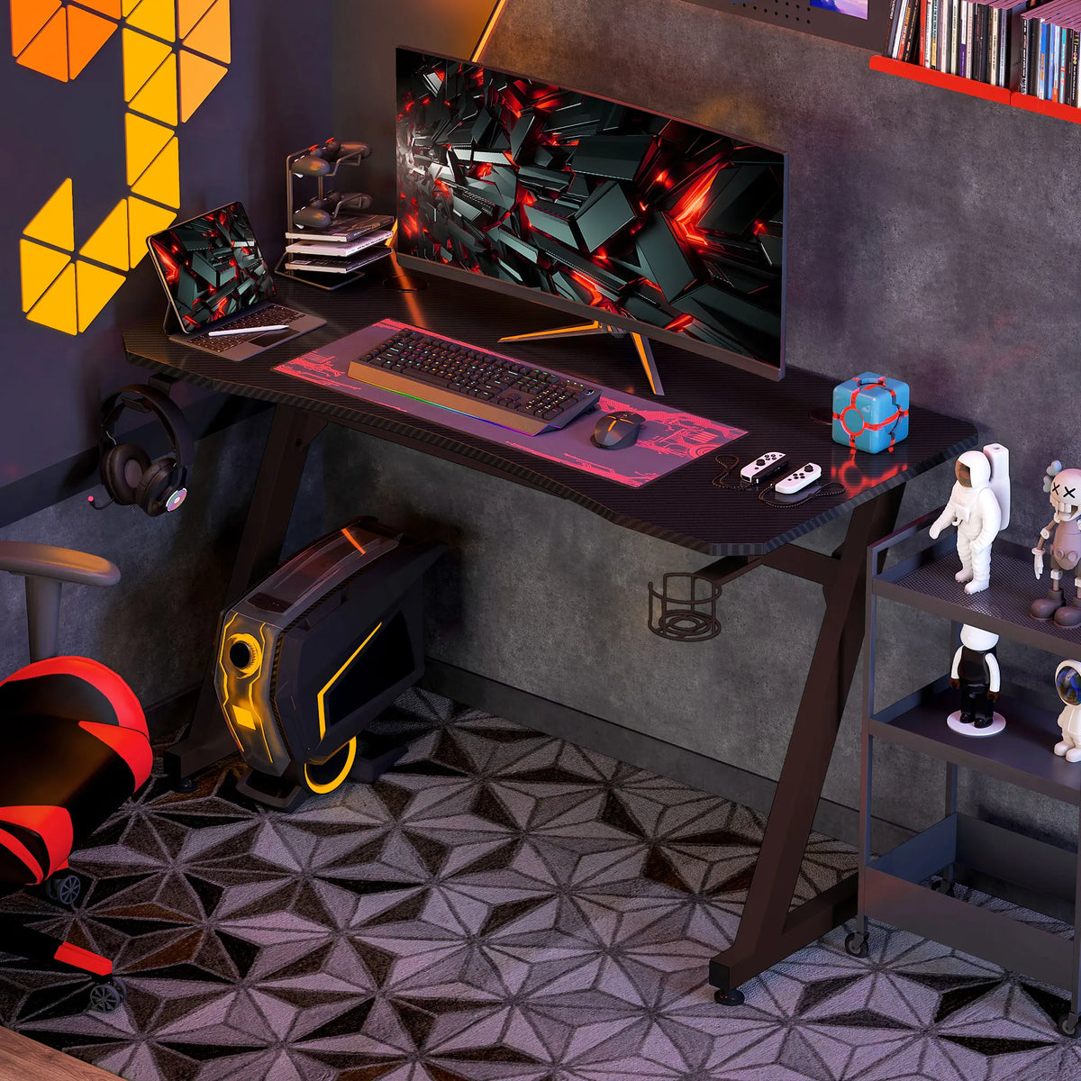 Gaming Desk with Steel Frame, Cup Holder and Headphone Hook, 120cm, Black