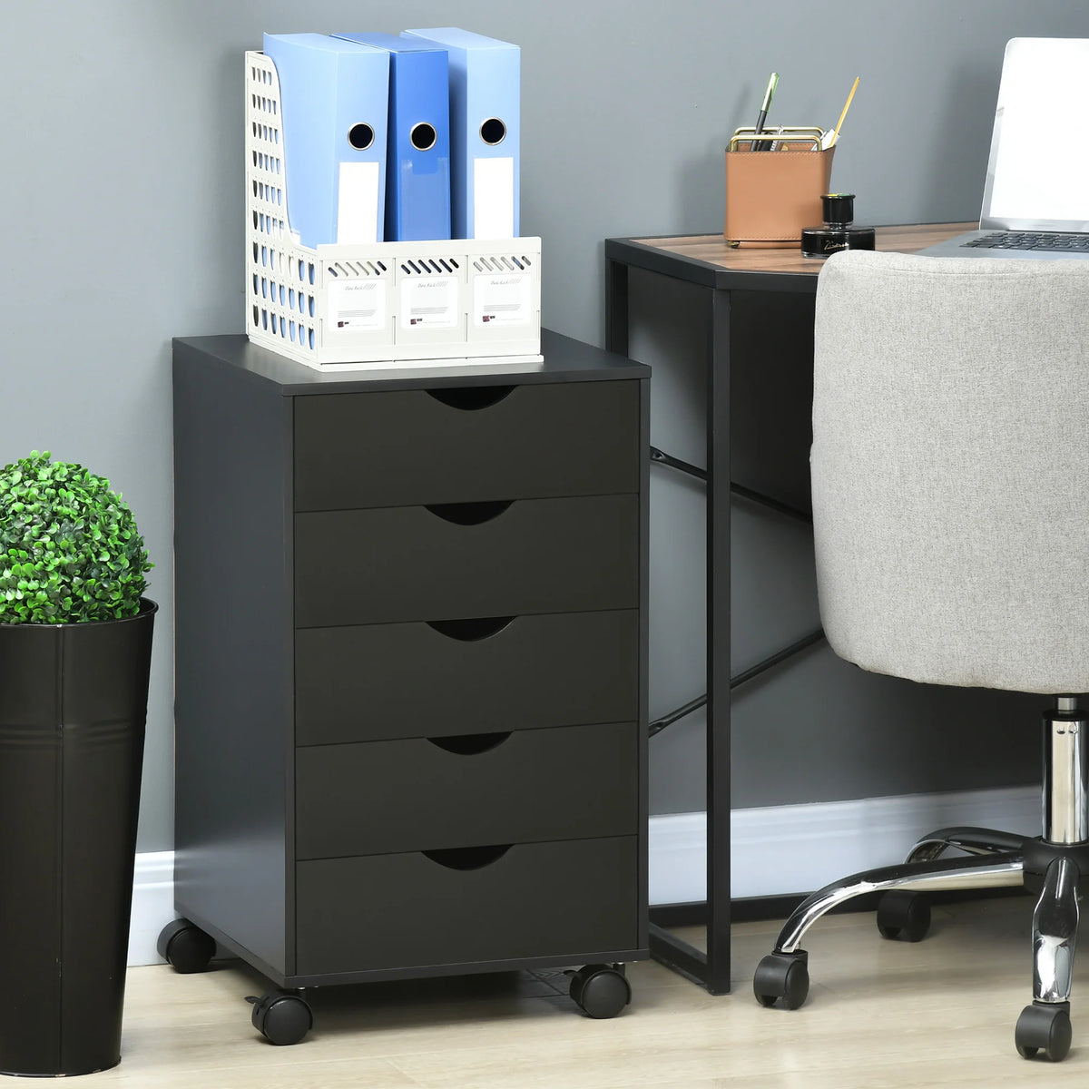 5-Drawer Mobile Filing Cabinet on Wheels with Brakes, Black
