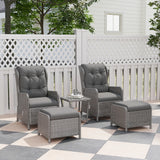 5 Piece Rattan Bistro Set 2 Reclining Armchairs 2 Footstools Glass Coffee Table Cushions for Garden Balcony