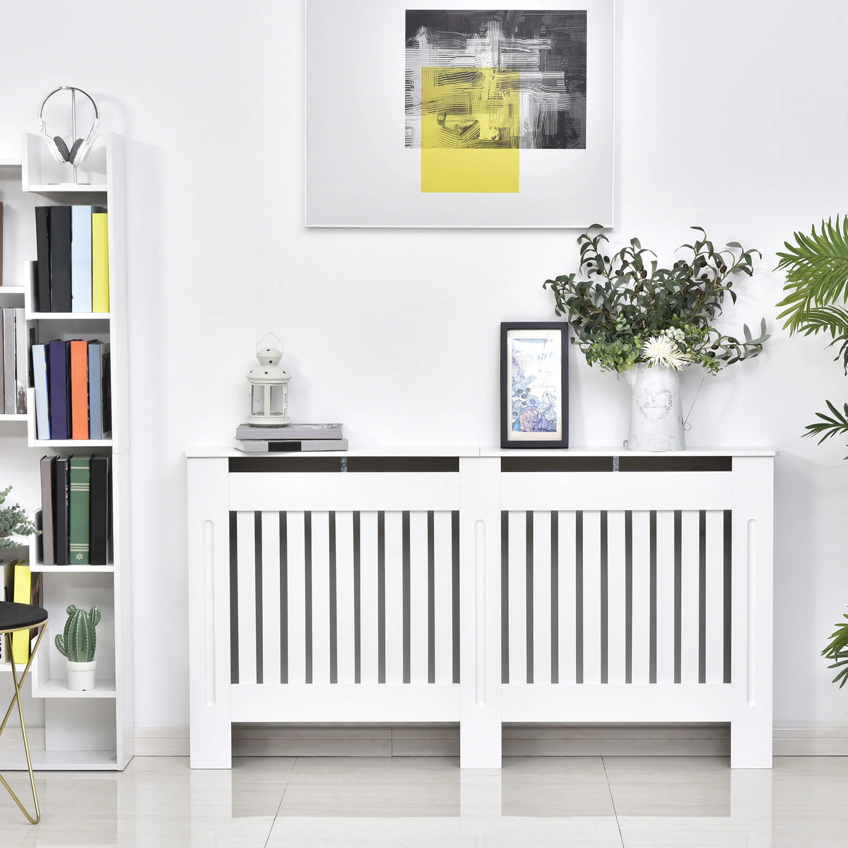 Slatted Radiator Cover with Top Shelf, White MDF, 152 x 19 x 81cm