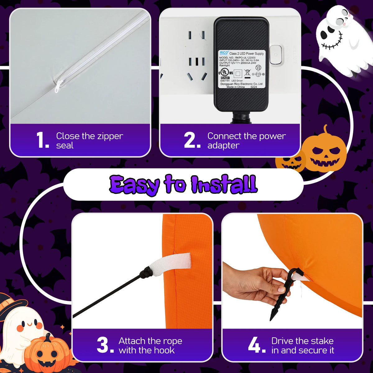 8ft Halloween Inflatable Pumpkins and Ghost with Witch Hats, LED Light-Up Garden Decoration