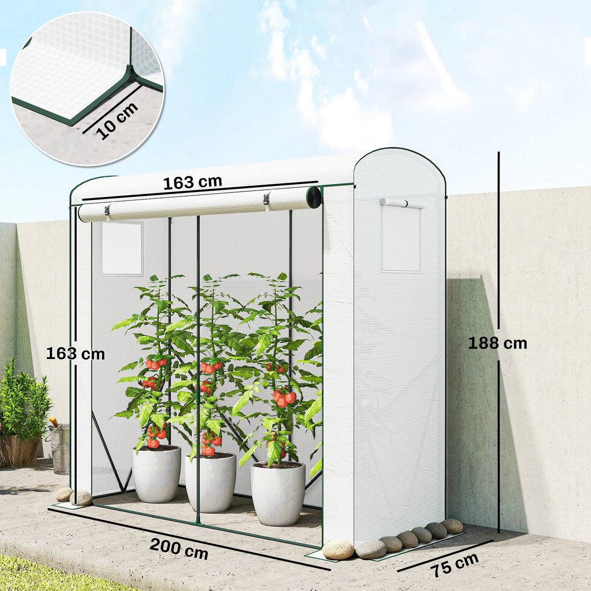 Portable Tomato Greenhouse with Roll-Up Door and Mesh Windows, White