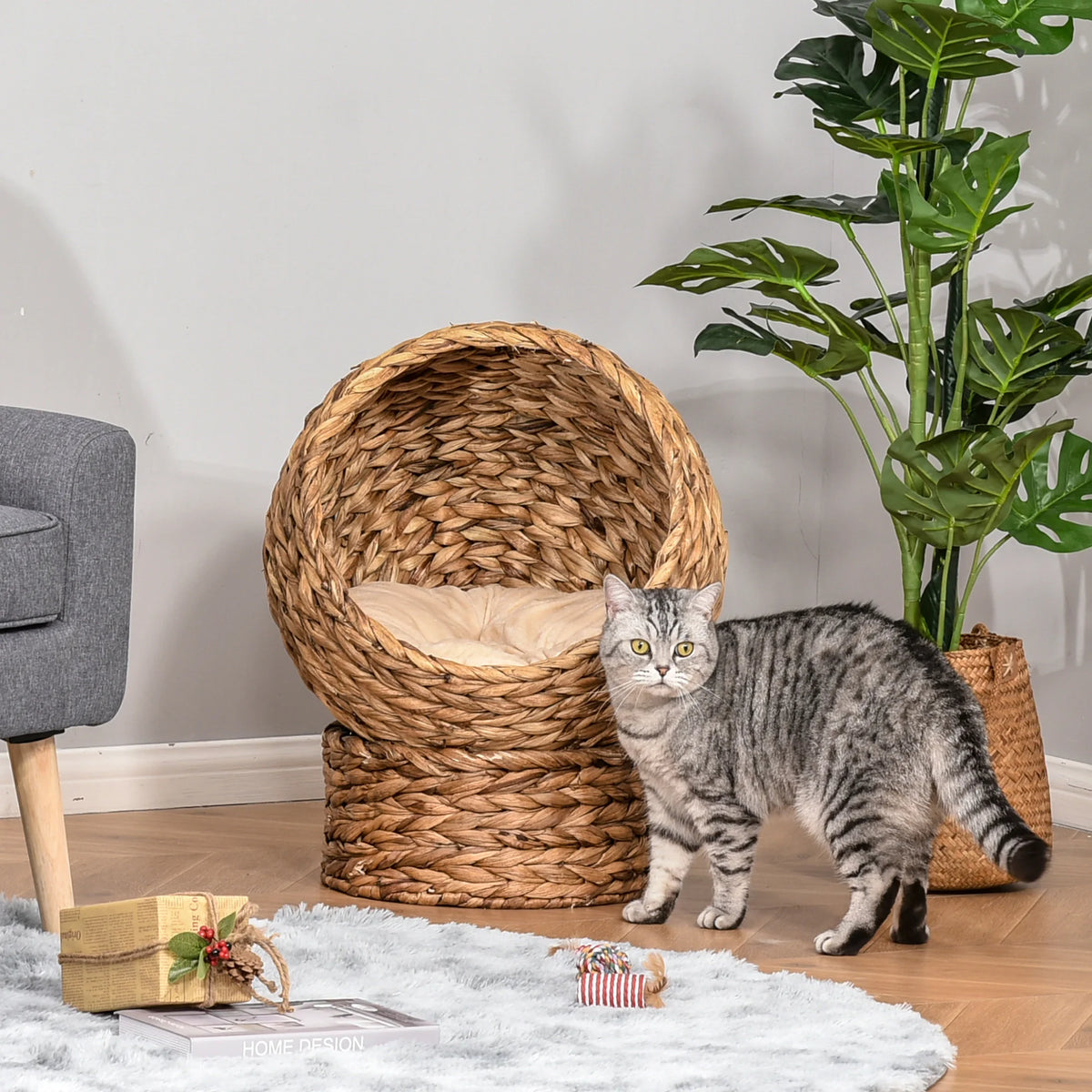 Wicker Cat House with Raised Base and Washable Cushion, 40 x 37 x 51cm, Brown