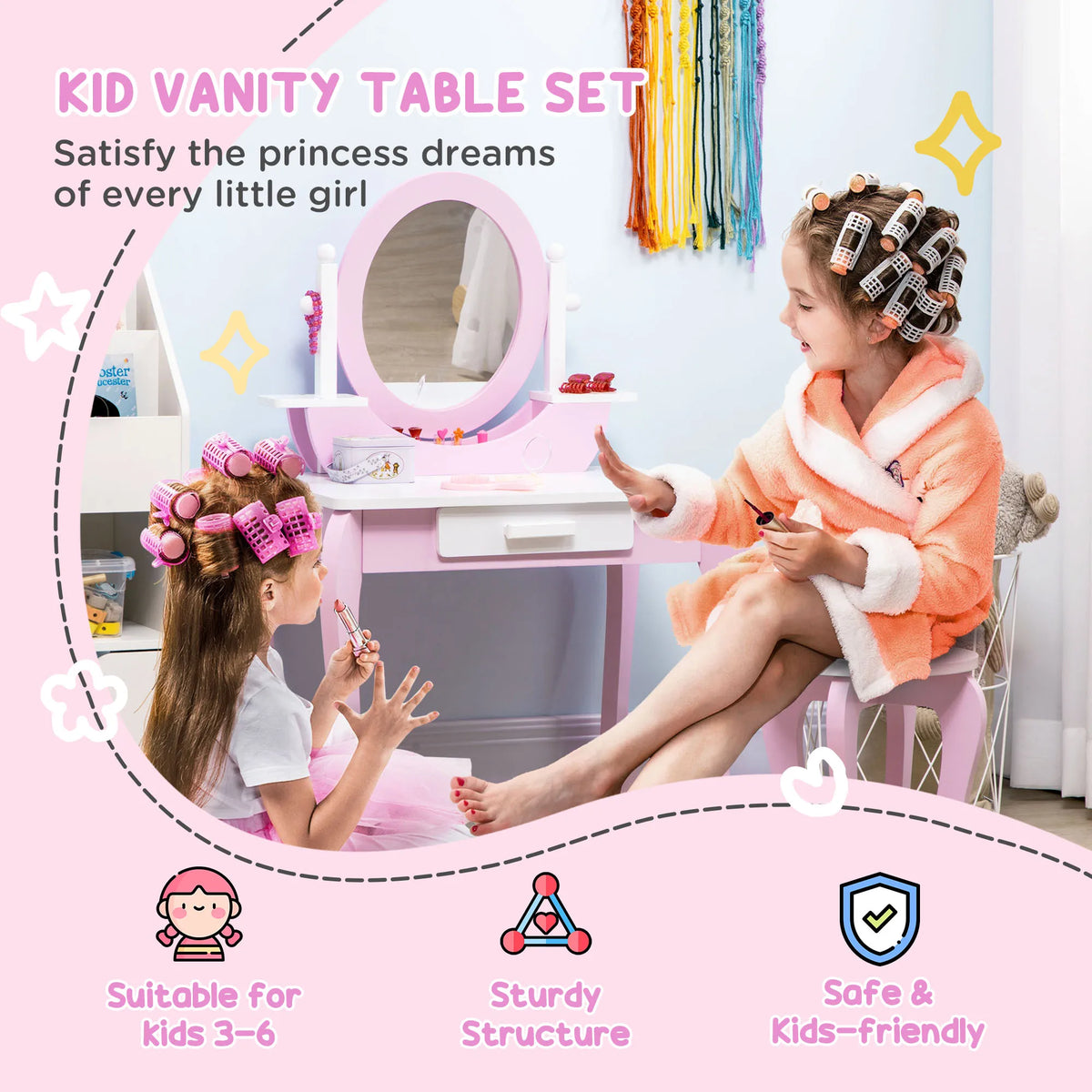 Kids Dressing Table and Stool with Acrylic Mirrors Drawer Wide Tabletop MDF Rounded Edges Ages 3-6 Pink