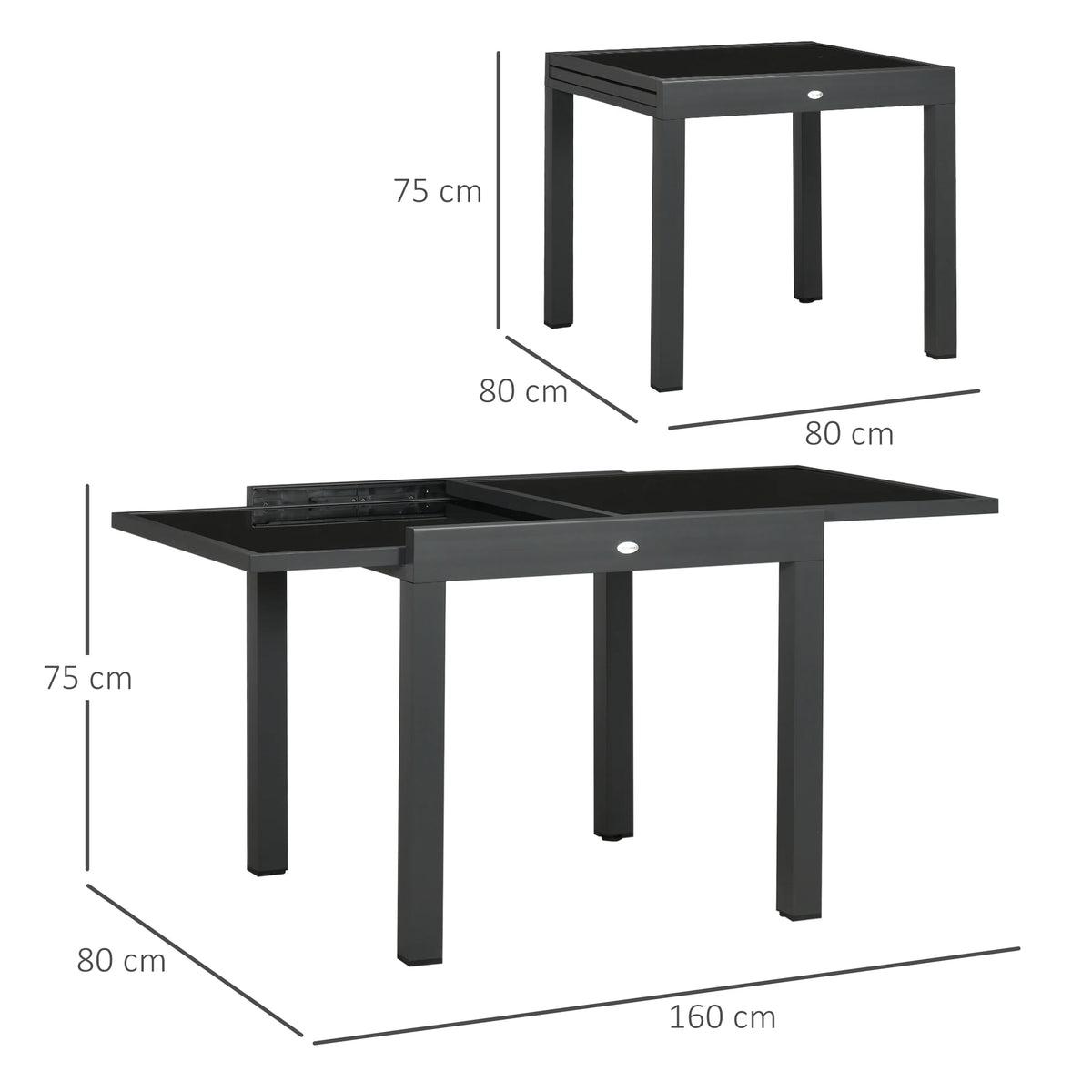 Extending Garden Table, Outdoor Dining Table with Aluminium Frame and Tempered Glass Tabletop