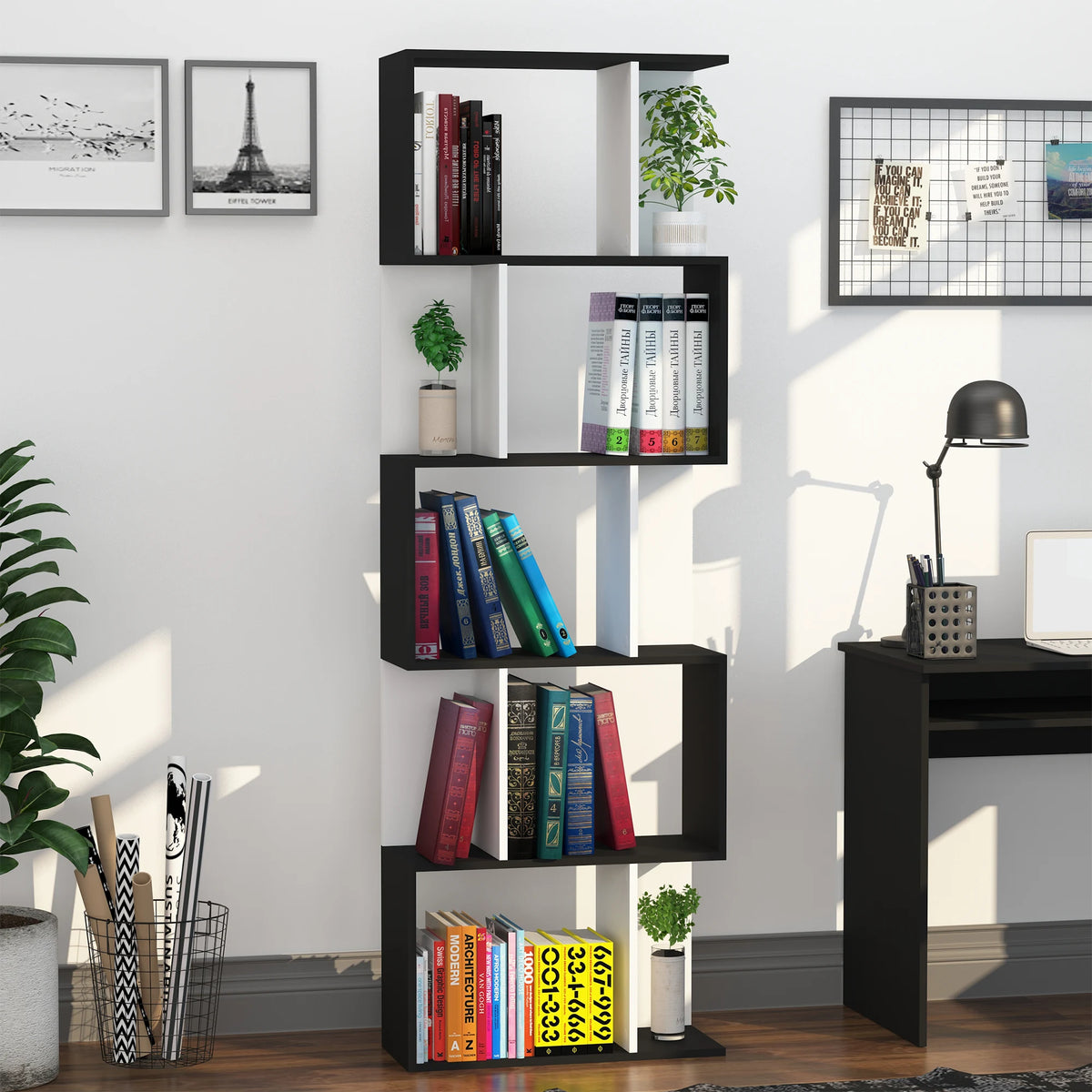 5 Tier S Shape Bookcase Open Back Shelving Unit Doubles as Room Divider Particle Board Black