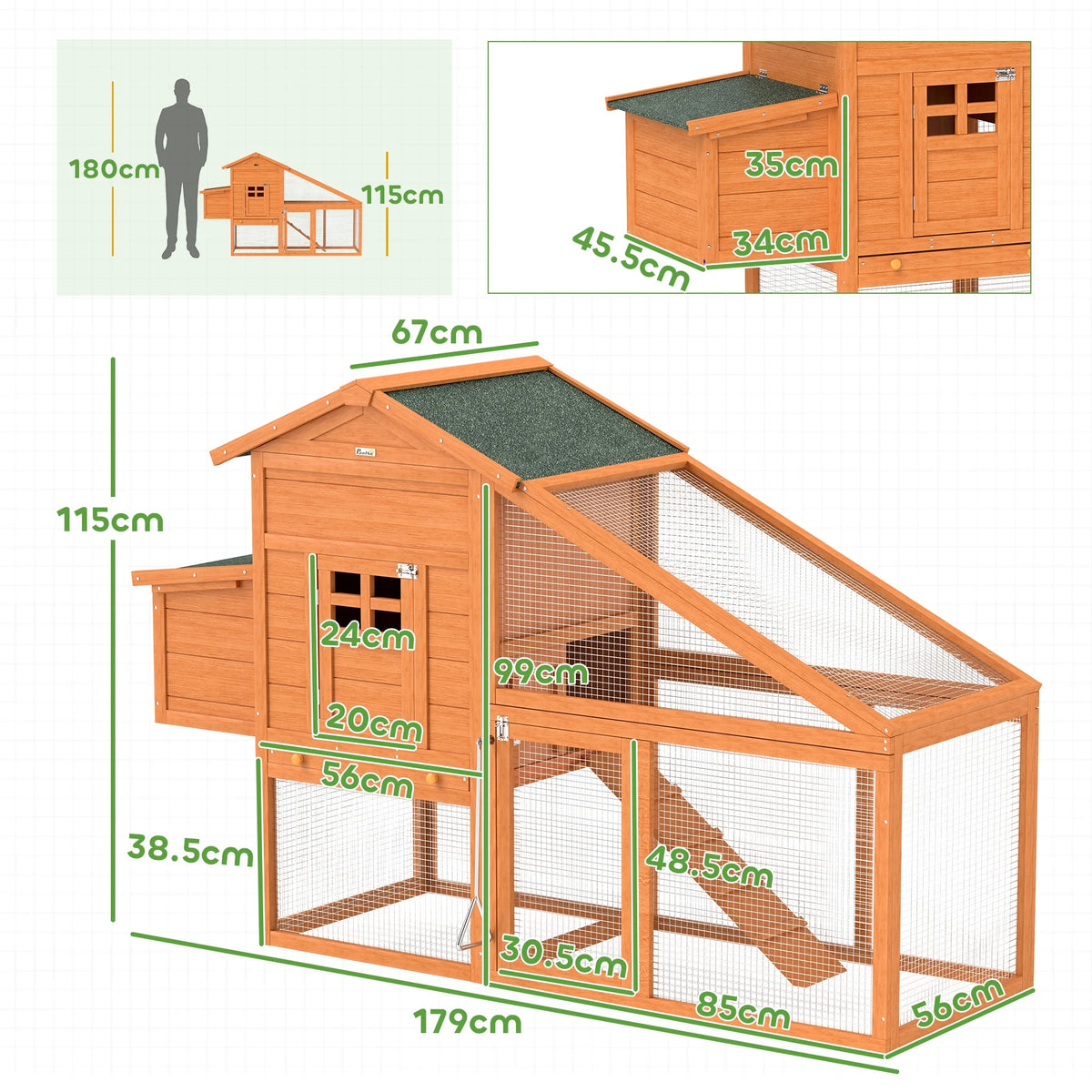 Wooden Chicken Coop 179x67x115cm with Nesting Box 2 Perches Run Ramp and Slide Out Tray Fir Wood Orange