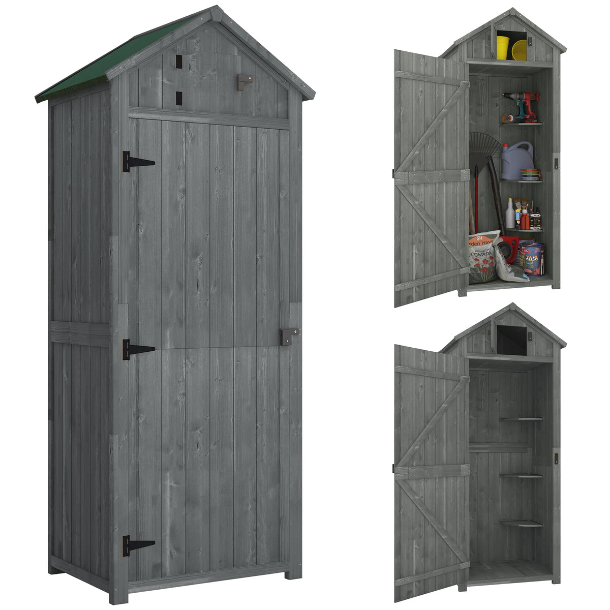 Wooden Garden Storage Shed with 3 Shelves and Asphalt Roof, 77 x 54 x 179cm, Grey