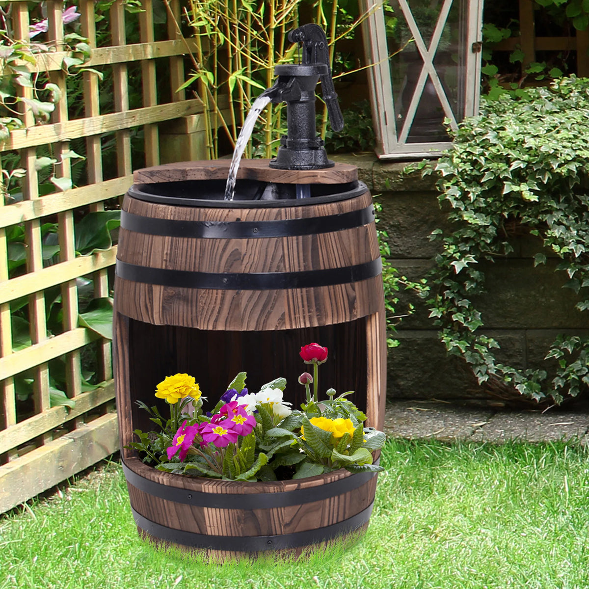 Wood Barrel Garden Fountain Water Feature with Submersible Pump Adjustable Flow Solid Fir Wood Retro
