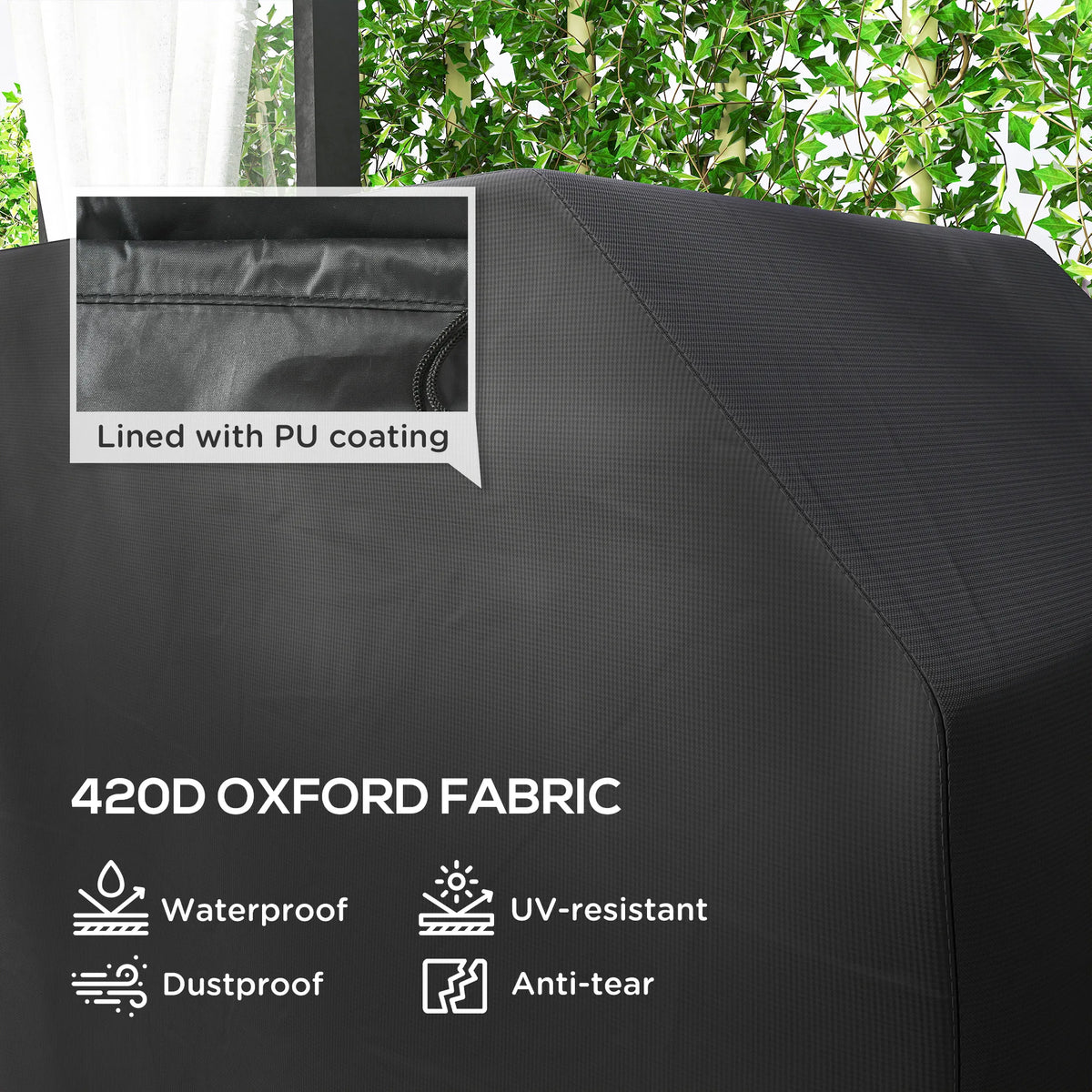 BBQ Cover for Rectangular Gas Grills 147x61x120cm 420D Oxford PU Coated with Drawstring and Hook Loop Black