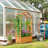 Wooden Raised Garden Bed with Arch and Side Trellis 145cm Fir Wood Fabric Liner for Climbing Plants Light Brown
