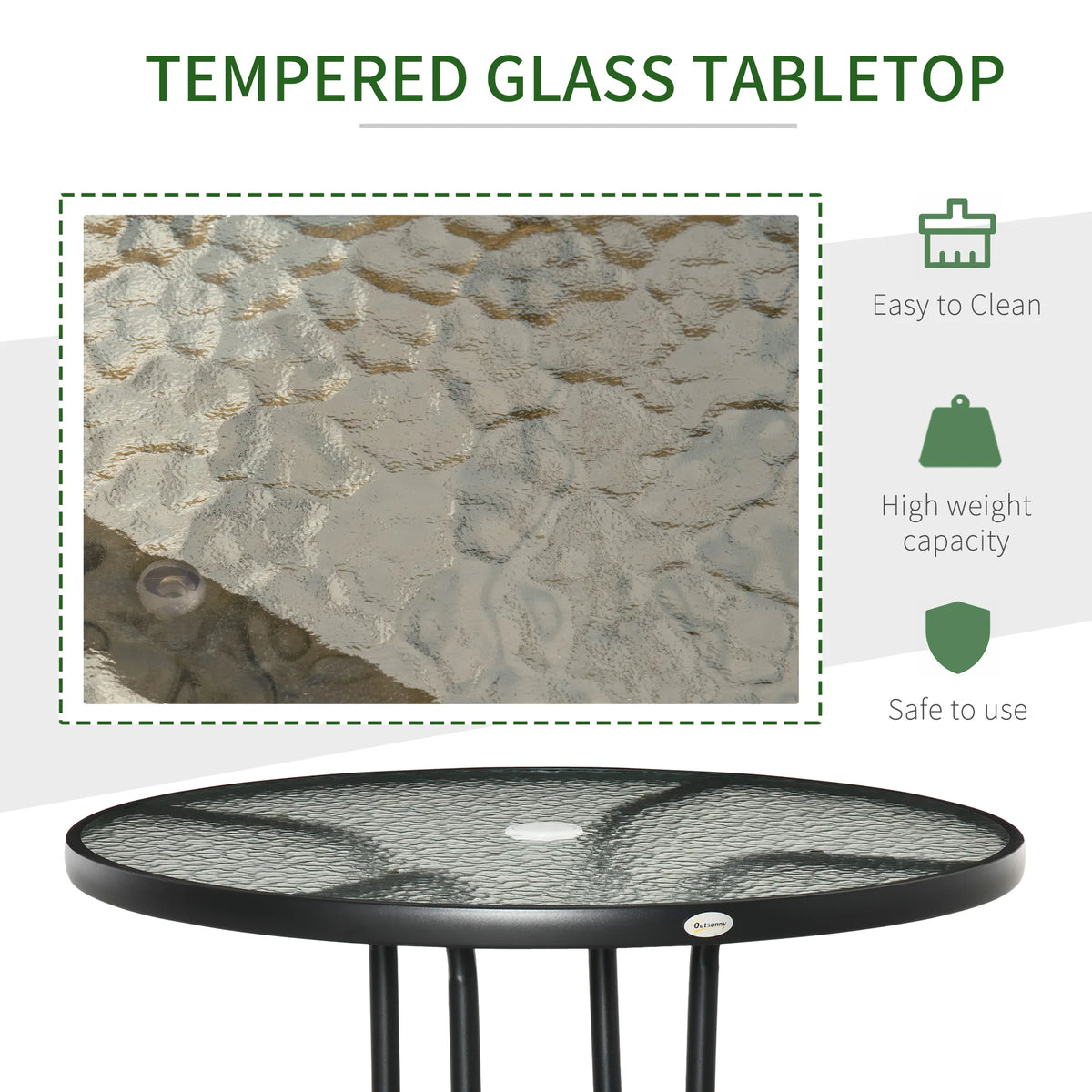 Outdoor Round Dining Table, Tempered Glass Top with Parasol Hole, 80cm