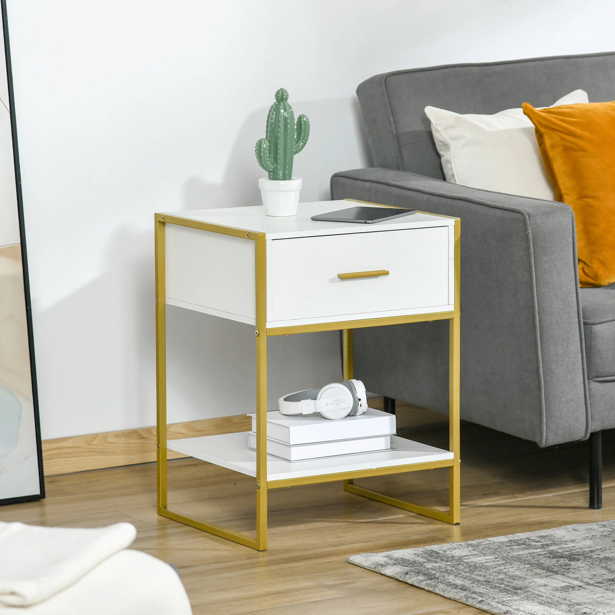 Modern Bedside Table Side Table Nightstand w/ Drawer Shelf White Gold