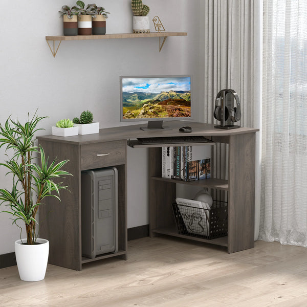 L-Shaped Corner Computer Desk with Keyboard Tray, Shelves and Drawer, Grey
