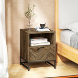 Industrial Brown Bedside Table with Drawer and Open Shelf | Black Steel Frame Sofa Side Table 40x52cm