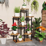7 Tier Corner Plant Stand Steel Fir Wood 87x61x106cm Holds 10 Pots Indoor Outdoor Carbonised Black
