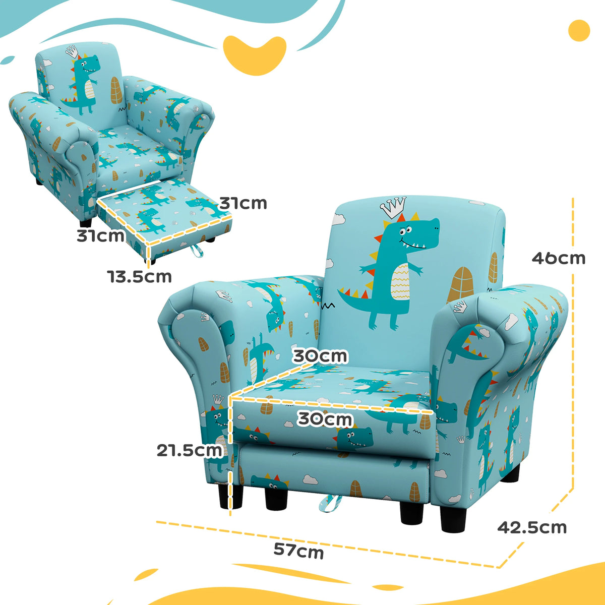 2 Piece Kids Sofa Set Armchair with Tuck Away Stool Dinosaur Print Wooden Frame for Ages 1.5-3 Years