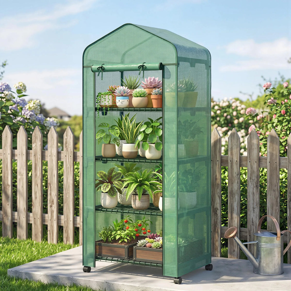 Portable 4-Tier Mini Greenhouse on Lockable Wheels with Clear Cover, Green