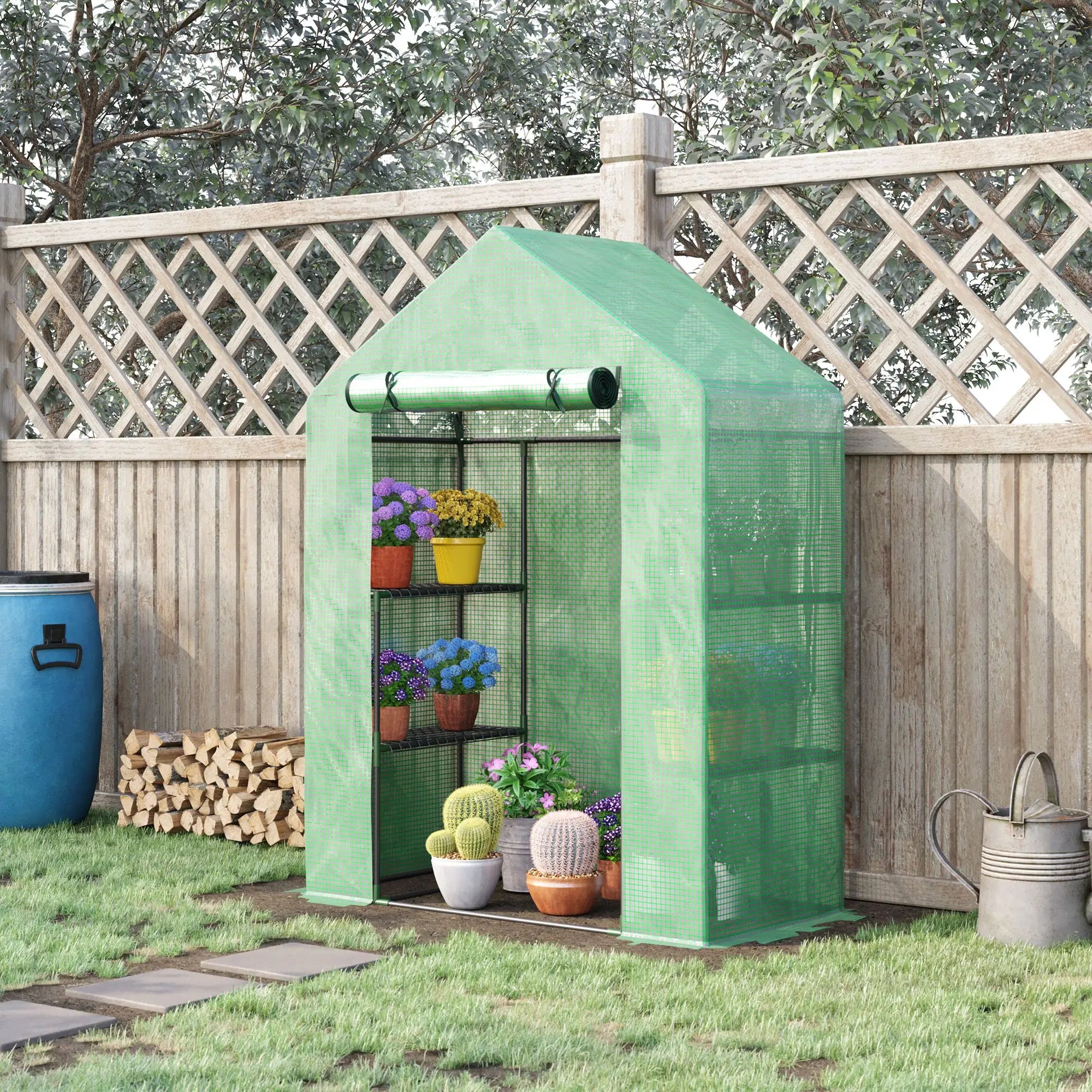 Walk-In Greenhouse with 2-Tier Shelves, Roll-Up Zipped Door and 140gsm PE Cover