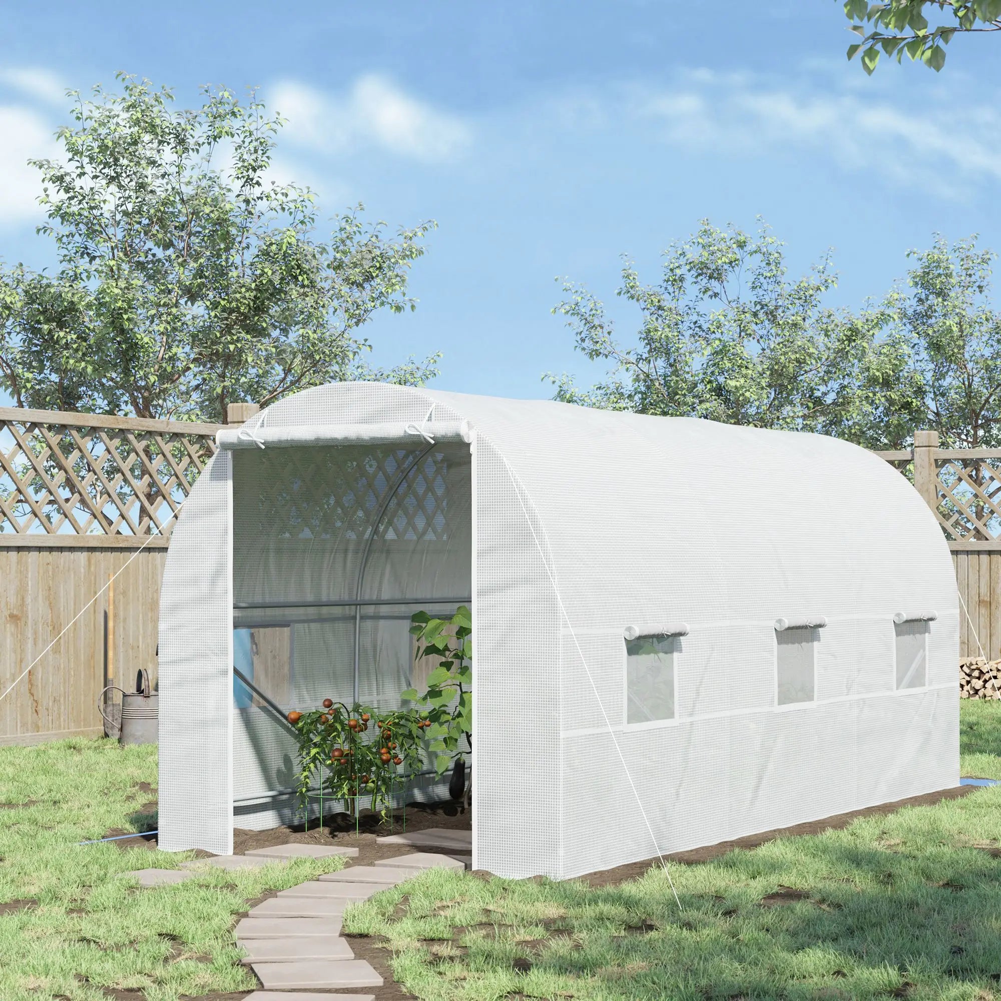 4.5 x 2m Walk-In Polytunnel Greenhouse with Mesh Windows, Galvanised Steel Frame and PE Cover
