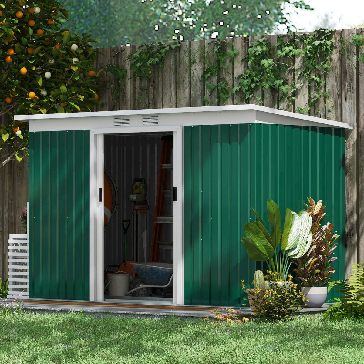 Galvanised Steel Garden Storage Shed, Dark Green