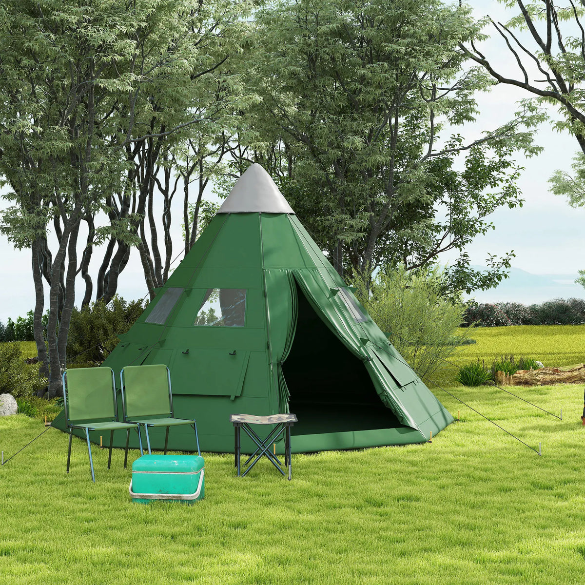 6 Person Tipi Tent with Mesh Windows and Sewn-In Groundsheet, 365 x 365 x 260 cm