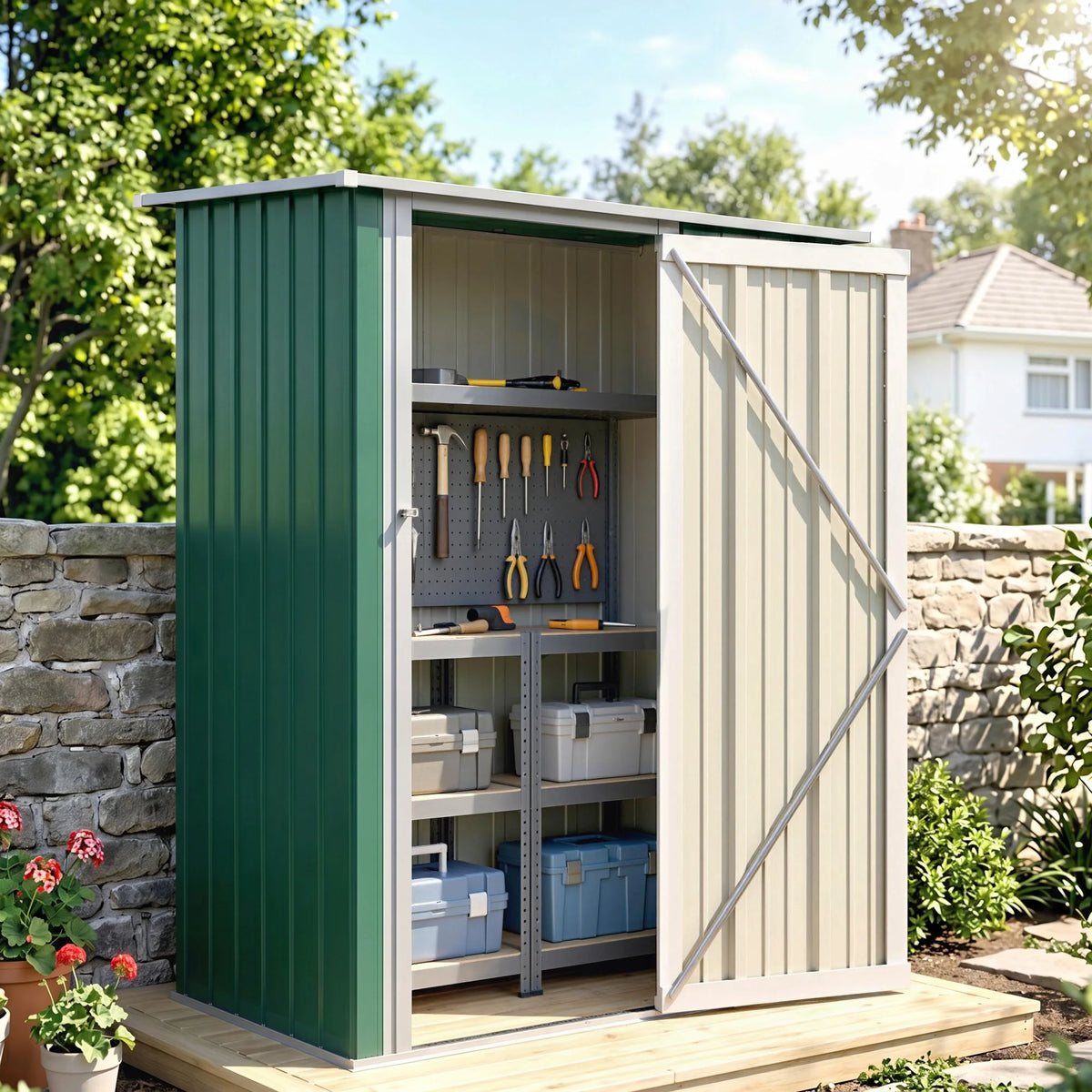 Metal Garden Storage Shed with Latched Door, 142 x 86cm, Green