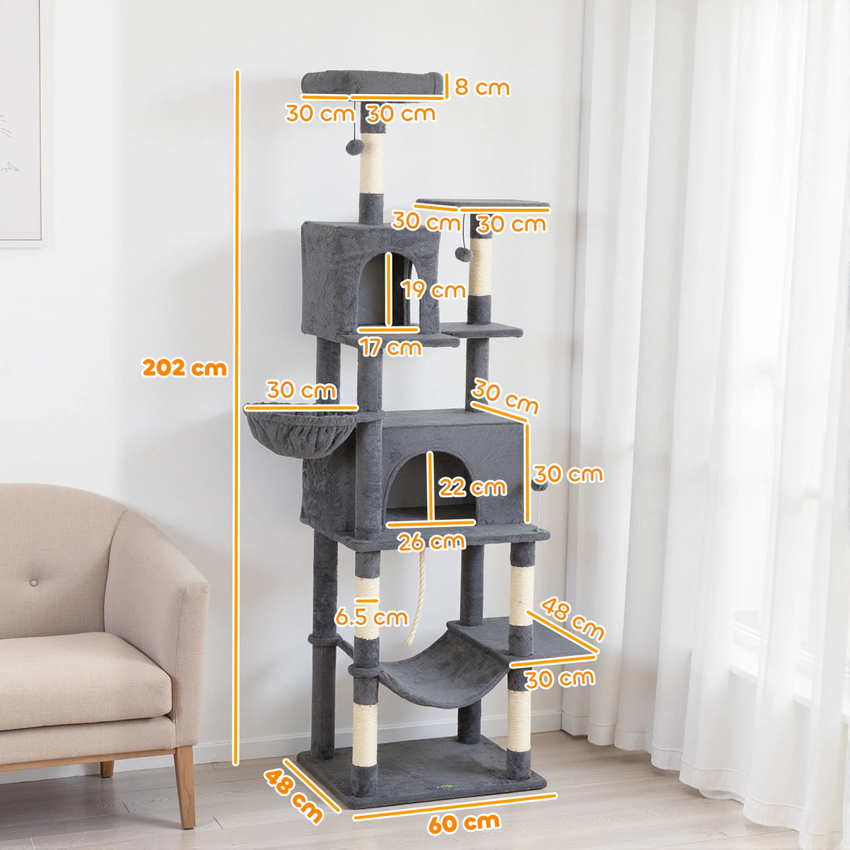 Cat Tree 202cm Tower with 2 Condos 2 Hammocks 2 Perches Sisal Scratching Posts and Anti Tip Kit