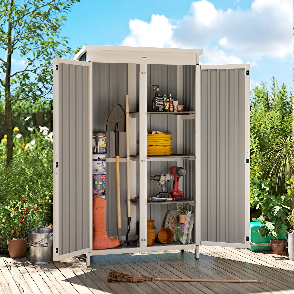 Small Wood and Steel Garden Shed with 3 Removable Shelves and Asphalt Roof
