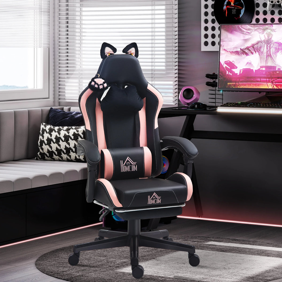 Cat Ear Gaming Chair with Footrest, Reclining Faux Leather Desk Chair, Black and Pink