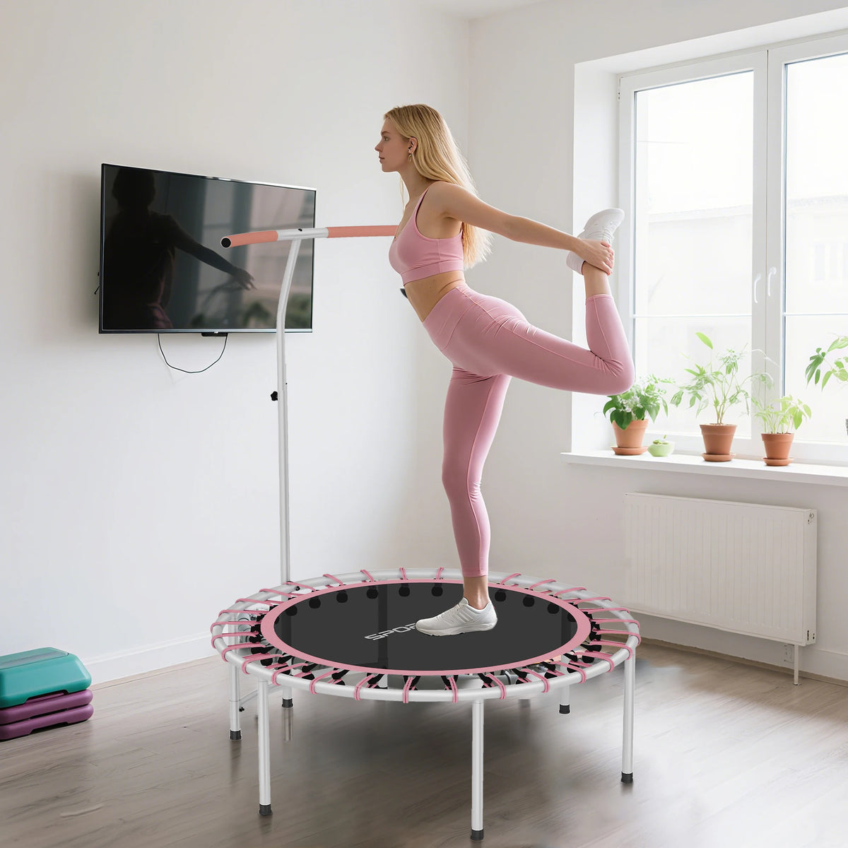 40" Fitness Trampoline, Mini Rebounder Trampoline for Adults with 5-Level Adjustable Handle, Max Load 100KG, Pink