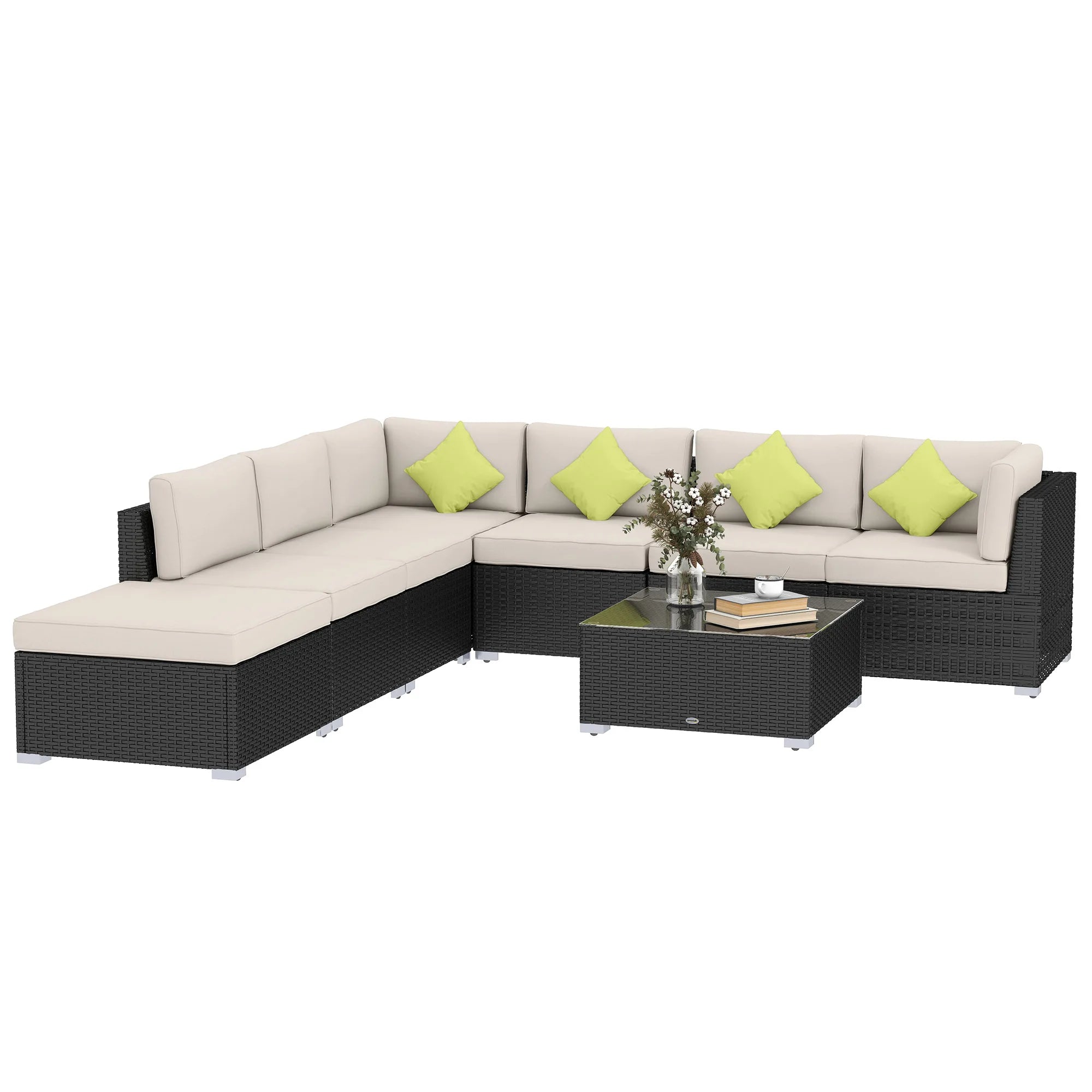 8-Piece Aluminium Rattan Corner Sofa Set with Glass Top Coffee Table, Cushions and Footstool