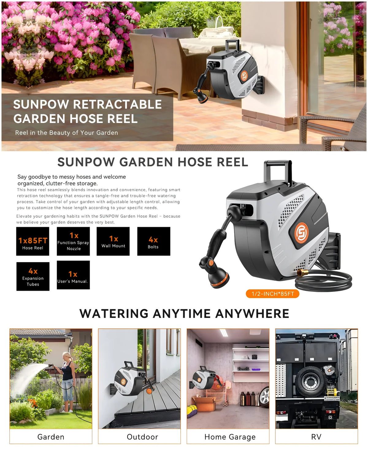 50ft Heavy Duty Wall Mounted Retractable Garden Hose Reel Brass Fittings 10 Sprayer Nozzles Auto Rewind Grey