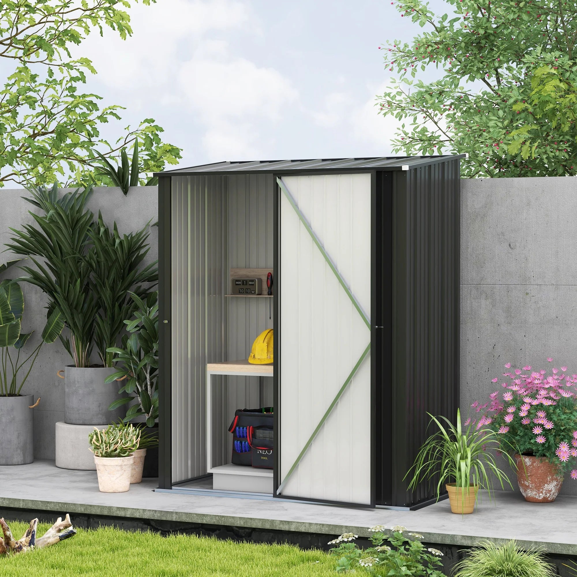 Galvanised Steel Garden Storage Shed with Corrugated Finish, Sloped Roof and Lockable Latched Door