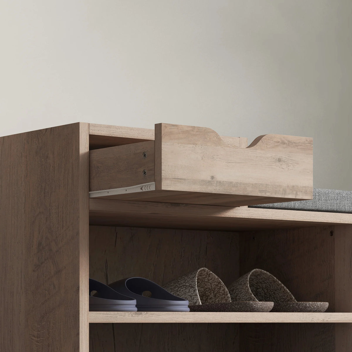 Upholstered Hallway Shoe Storage Bench with Drawer and Open Shelves