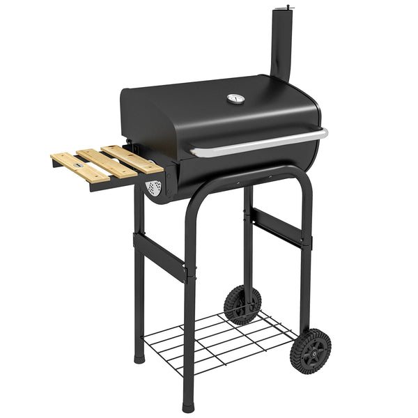 Charcoal BBQ Grill Trolley with Lid Thermometer Adjustable Vents Chimney Side and Bottom Shelves 600C Steel
