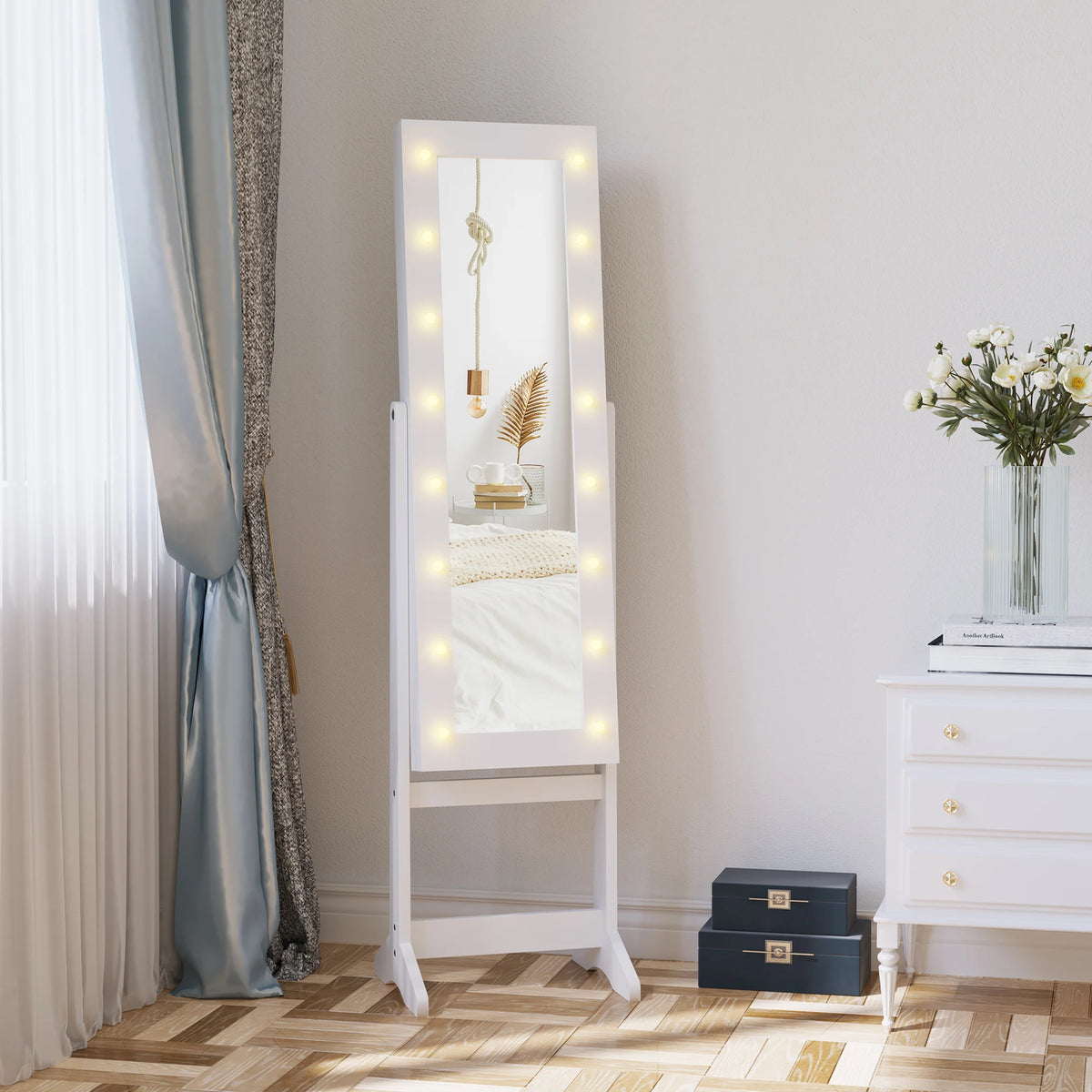 Freestanding LED Mirrored Jewellery Cabinet with Full-Length Mirror, White