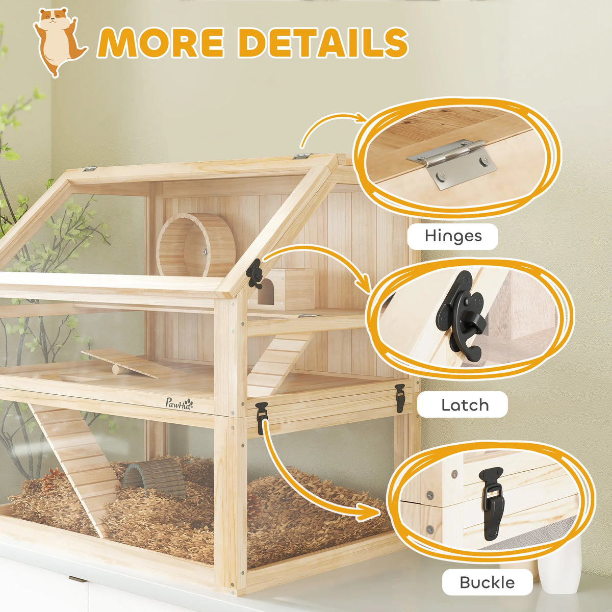 3-Tier Wooden Hamster Cage with Exercise Wheel
