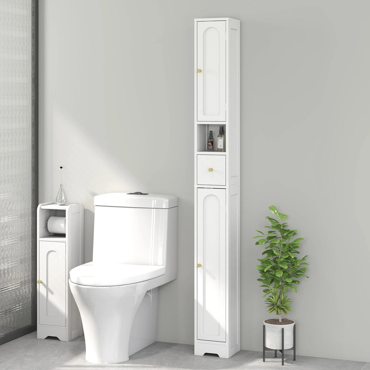 Slim Bathroom Cabinet 20cm Deep with 2 Cupboards Drawer Open Shelf Arched Doors Gold Knobs White