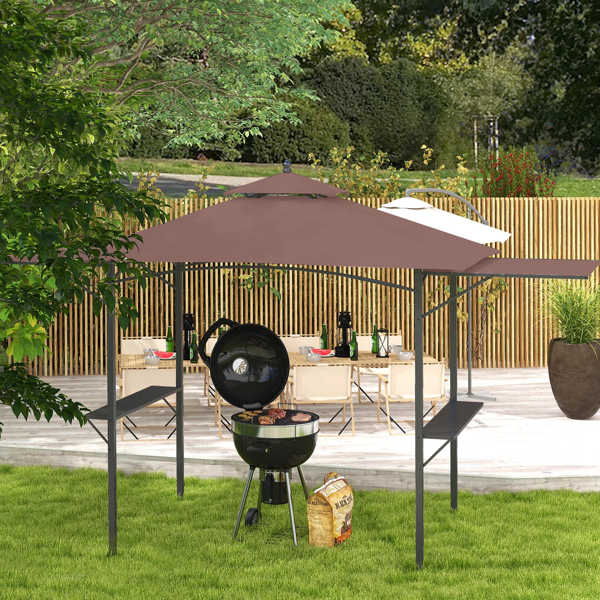 2.5 x 1.5m BBQ Party Tent Canopy with Double Waterproof Roof, Side Serving Panels and Ground Nails
