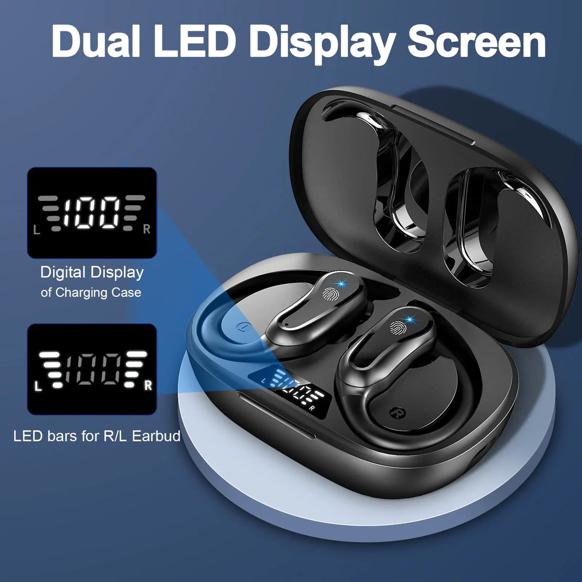 Wireless Bluetooth 5.3 Earbuds with Ear Hooks, Noise Cancelling Mic, Dual LED Display, 42H Playback, Sports Headphones